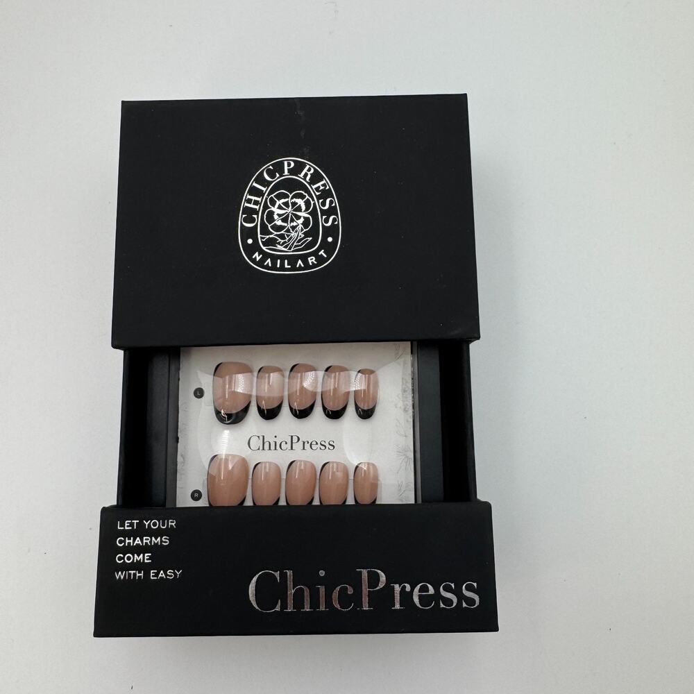 ChicPress Black French‎ Tip Press On Nails Pink Base Handcrafted Nail Set NEW
